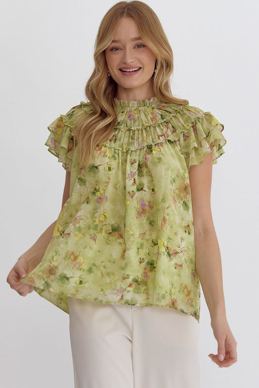 Lime Floral High Neck Ruffle Blouse