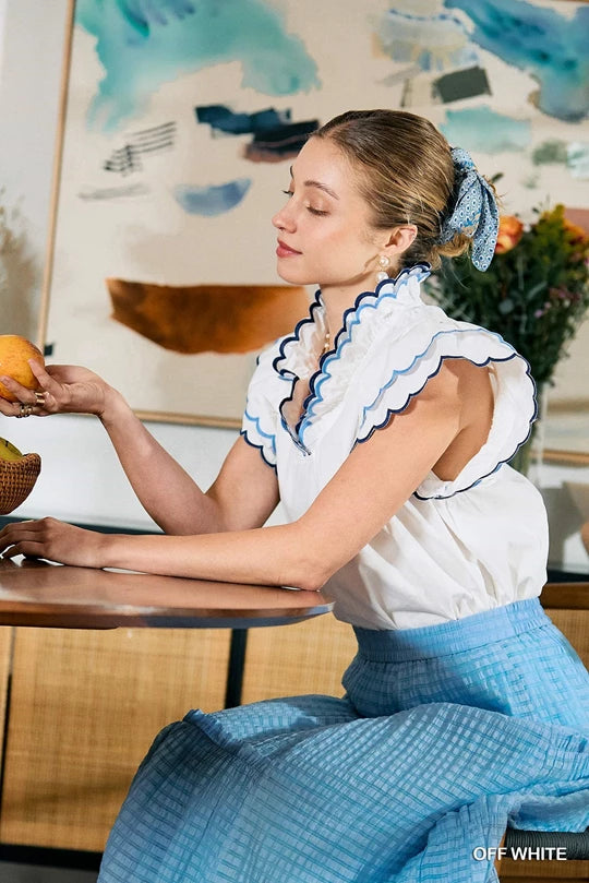 White Scalloped Sleeve and Neckline Top