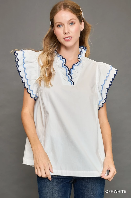 White Scalloped Sleeve and Neckline Top