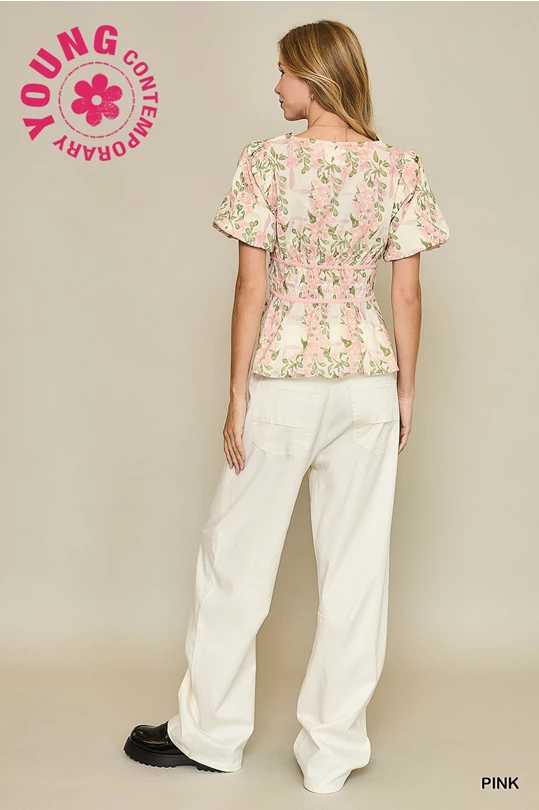 Pink Floral Puff Sleeve & Bow Tie Blouse