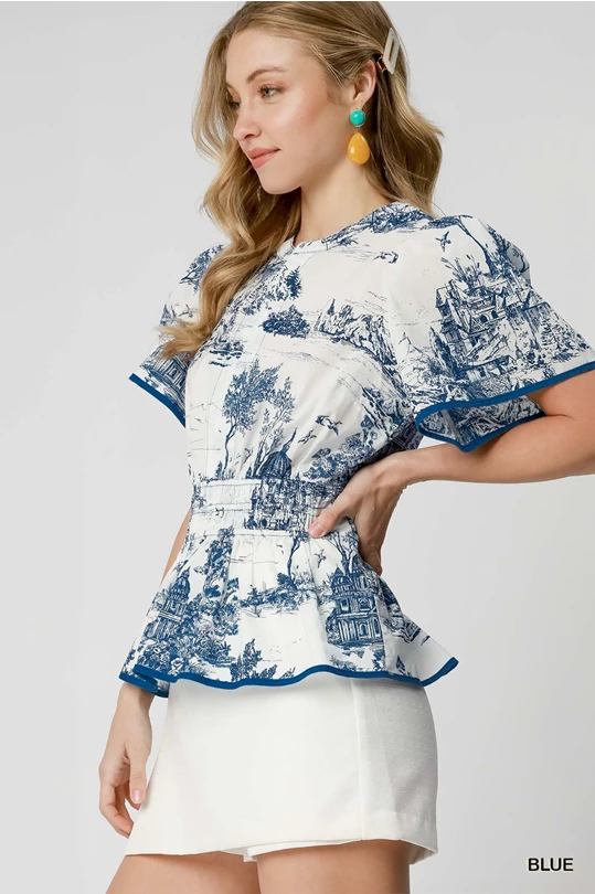 Blue & White Landscape Print Top