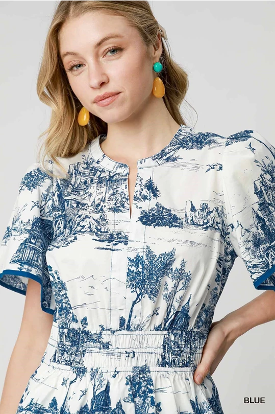 Blue & White Landscape Print Top