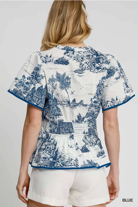 Blue & White Landscape Print Top