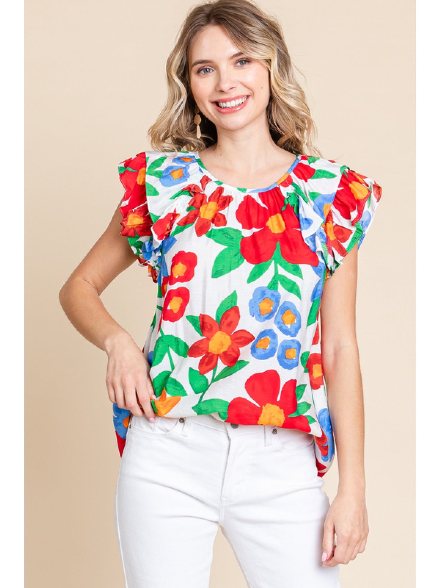 Red Contrast Floral Frill Sleeve Top