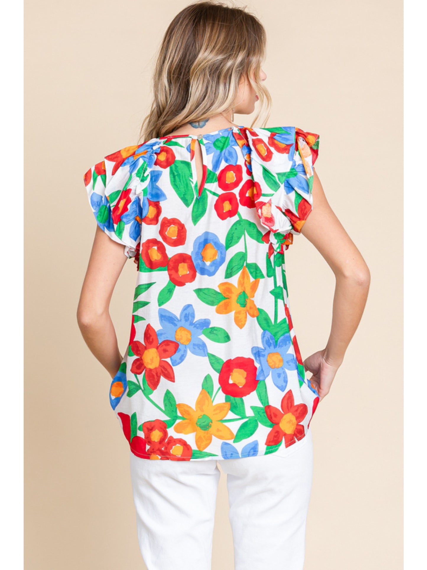 Red Contrast Floral Frill Sleeve Top