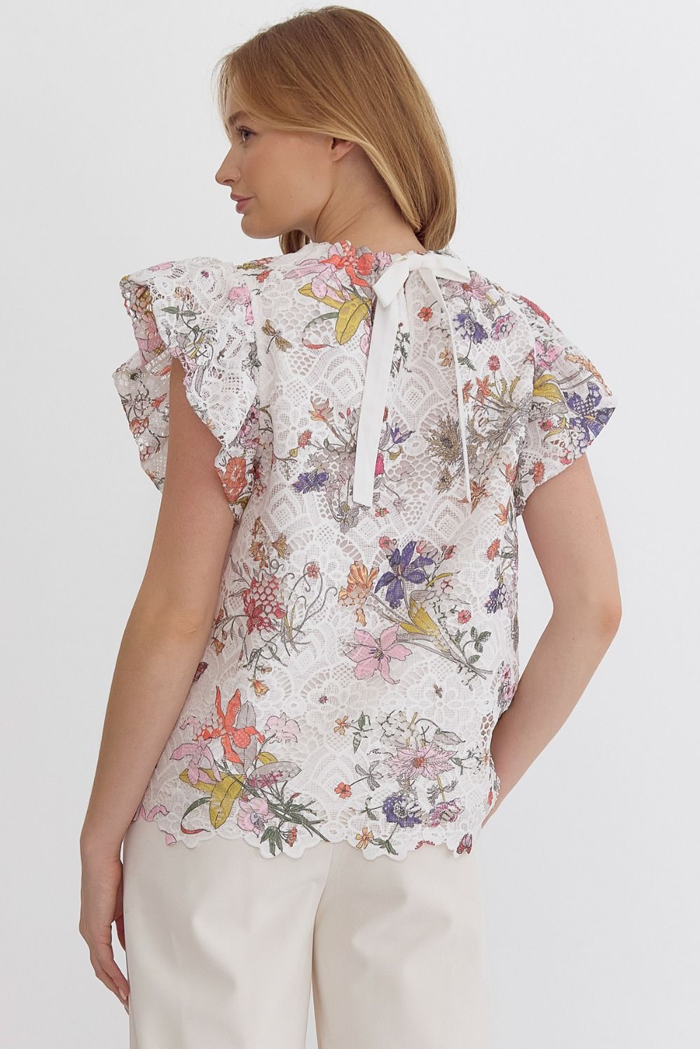 Lace & Floral Flutter Sleeve Blouse
