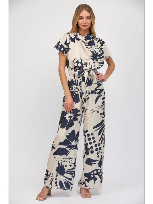 Abstract Floral Satin Cowl Neck Jumpsuit