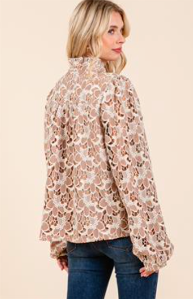 Taupe Eyelet Laced Button Blouse