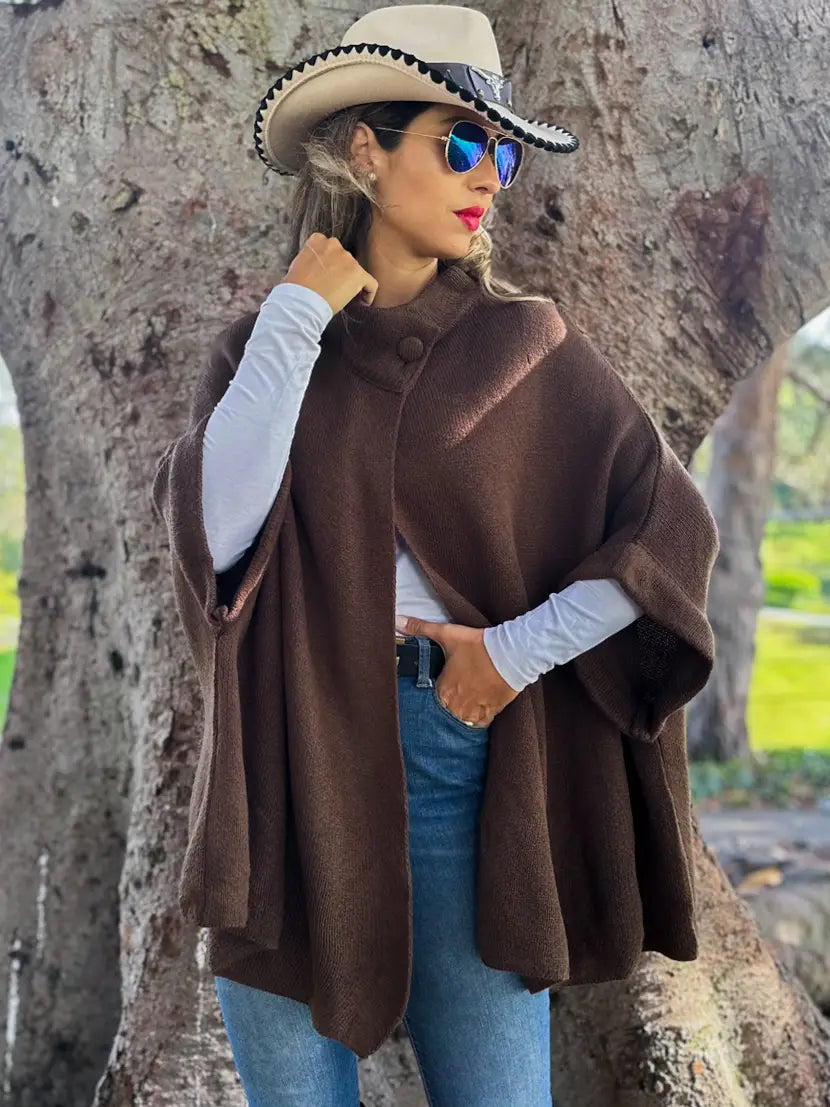 Dark Brown Button Neck Knit Cape Ruana Cardigan