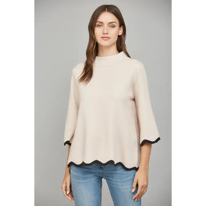 Blush and Black Scallop Edge Detailed Mock Neck Sweater