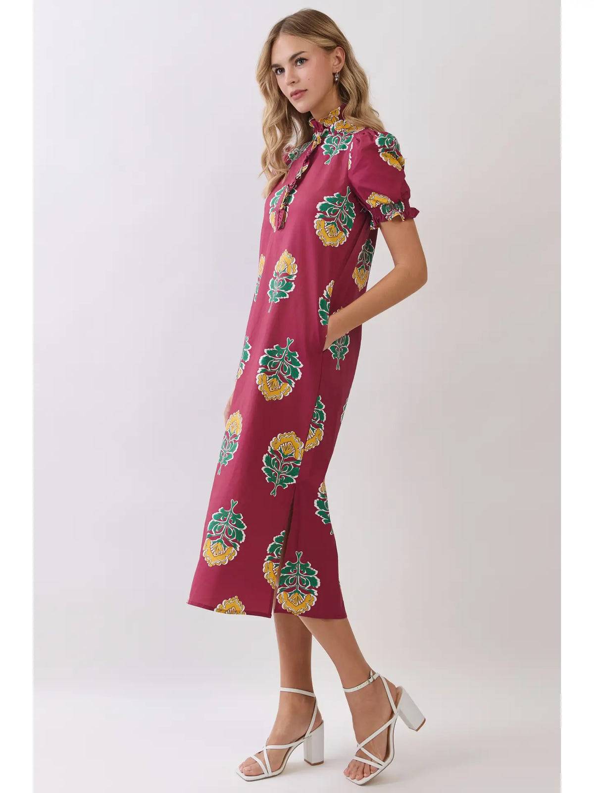 Navy Floral Print Ruffle Collar Button Down Midi Dress