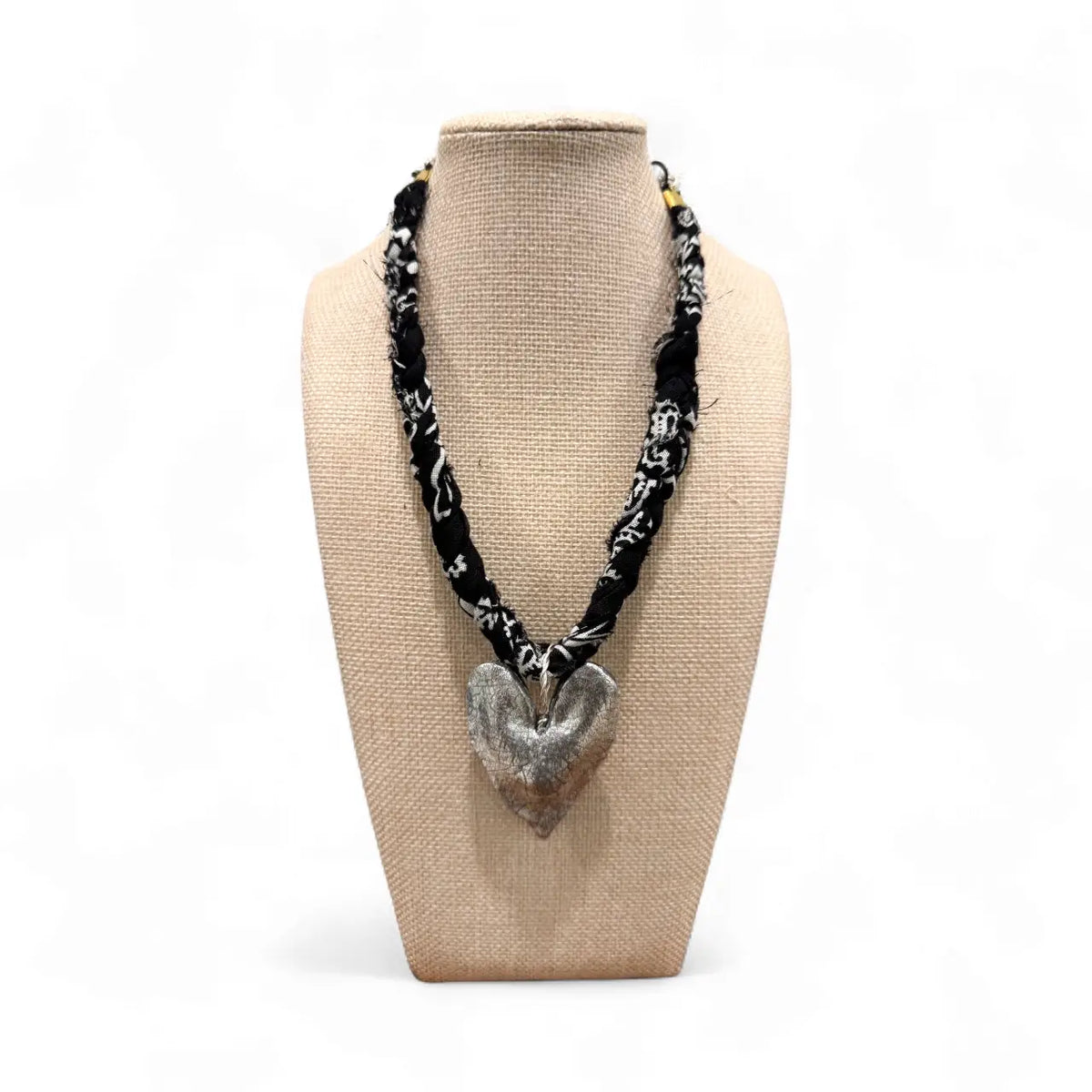Chunky Black Bandana with Silver Leafed Heart
