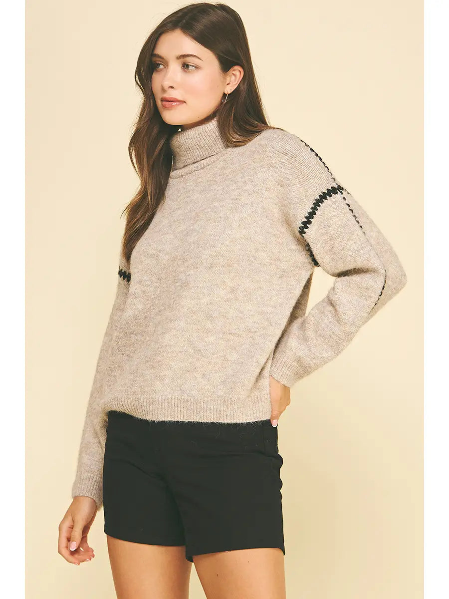 Taupe Stitch-Detail Turtleneck Sweater