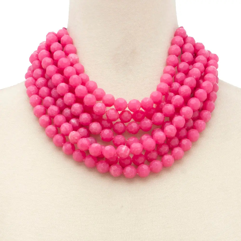Chunky Beaded Layered Necklace in Fuchsia