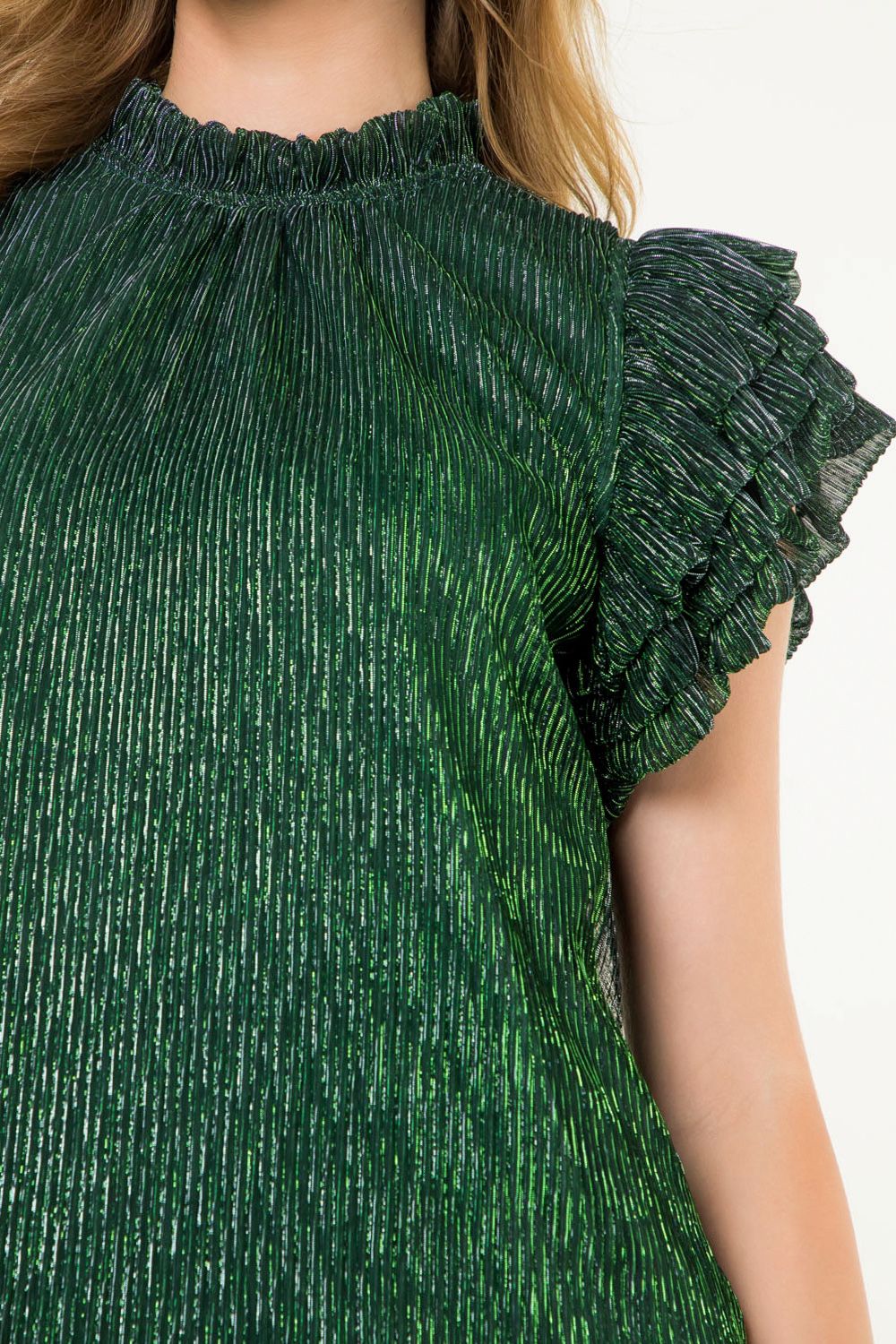Flutter Sleeve Green Metallic Top