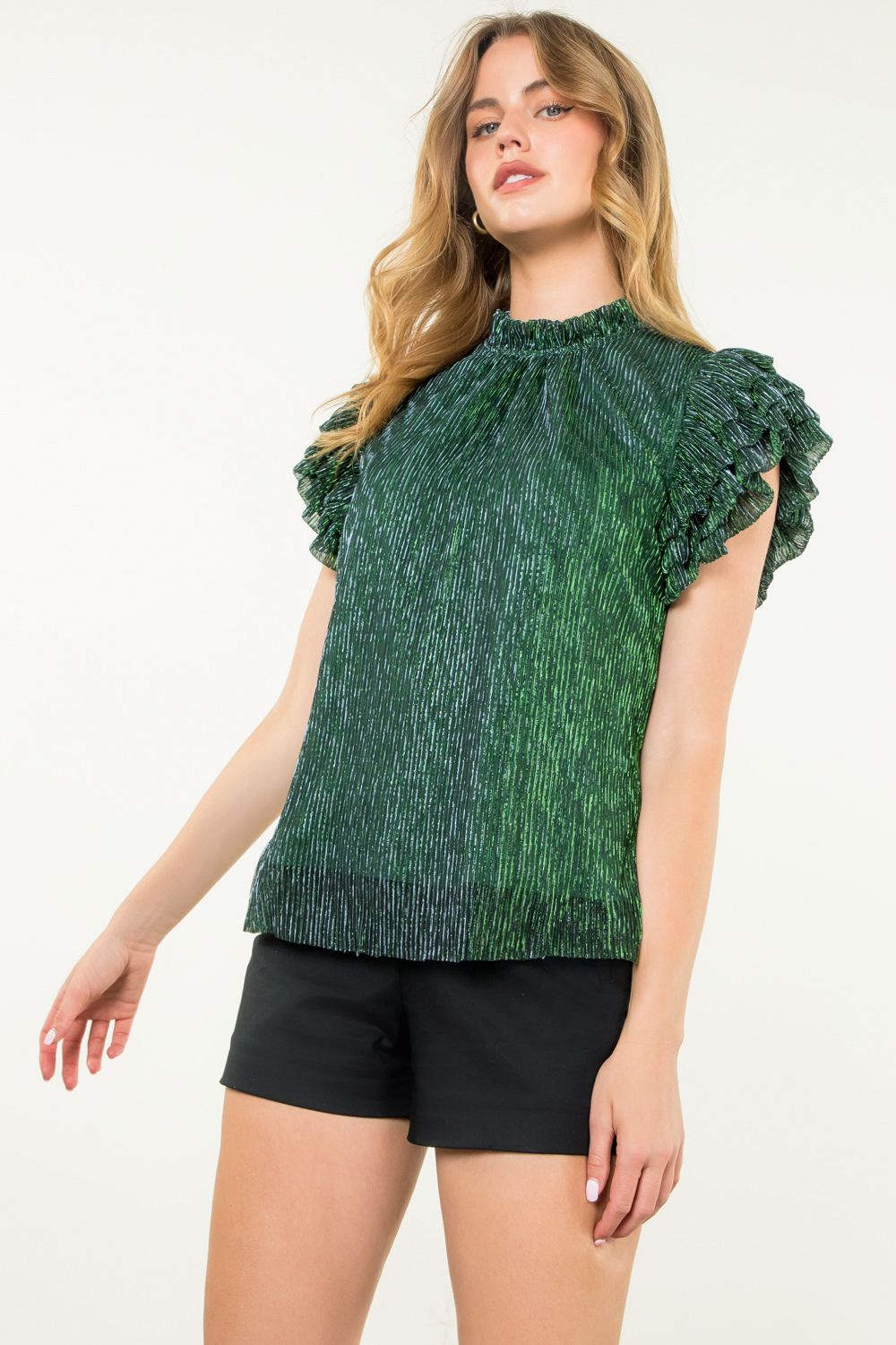 Flutter Sleeve Green Metallic Top