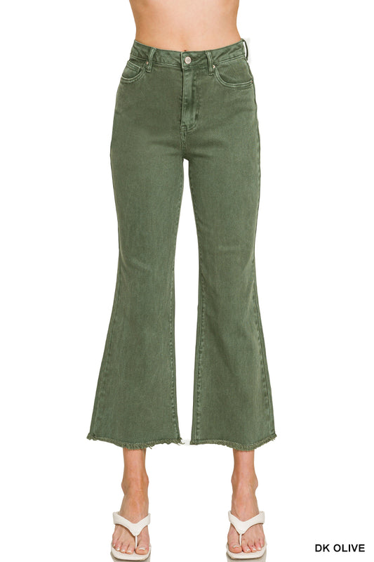 Dark Olive High Waste Frayed Hem Bootcut Pants