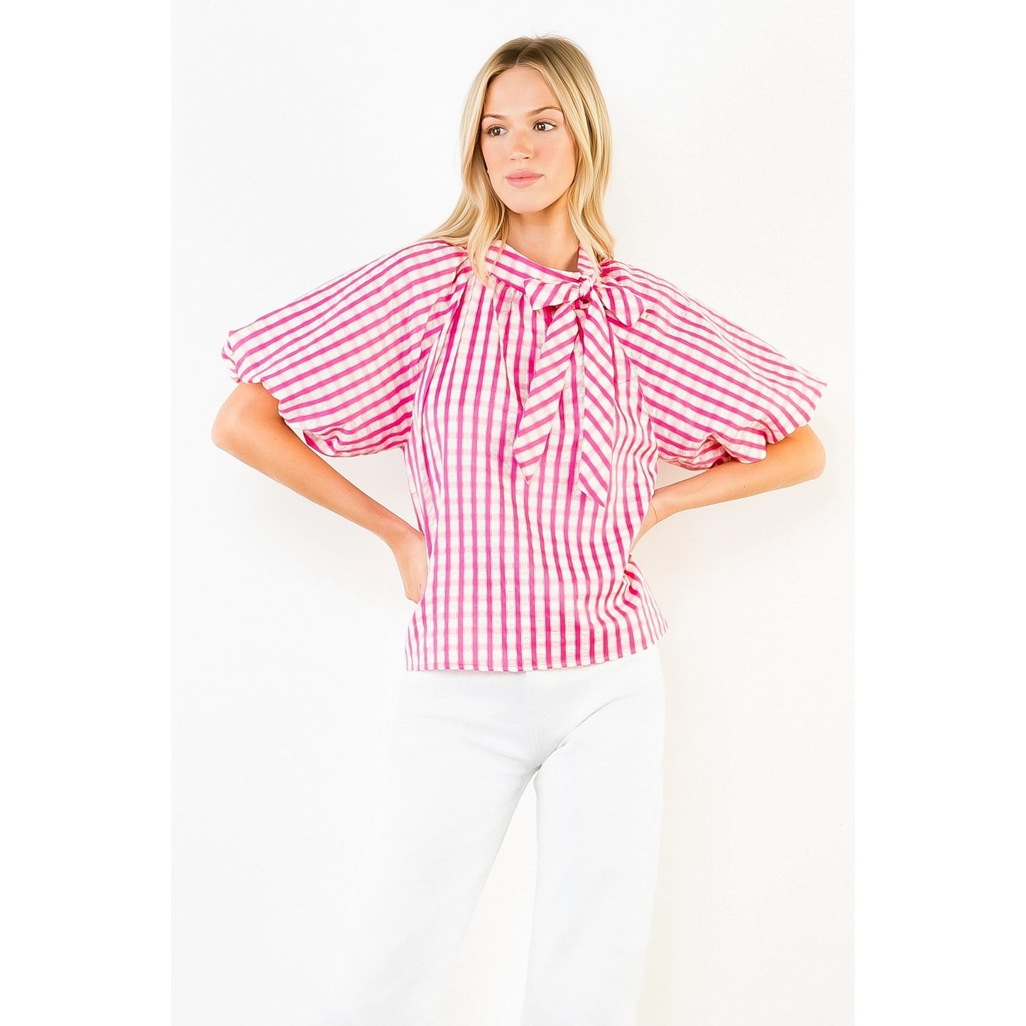 Pink Gingham Puff Sleeve Top
