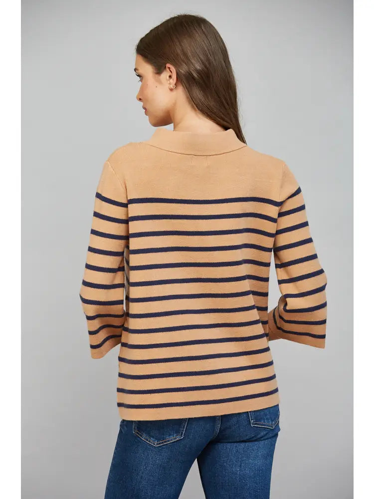 Camel/Navy Stripe Pattern Mock Neck Sweater