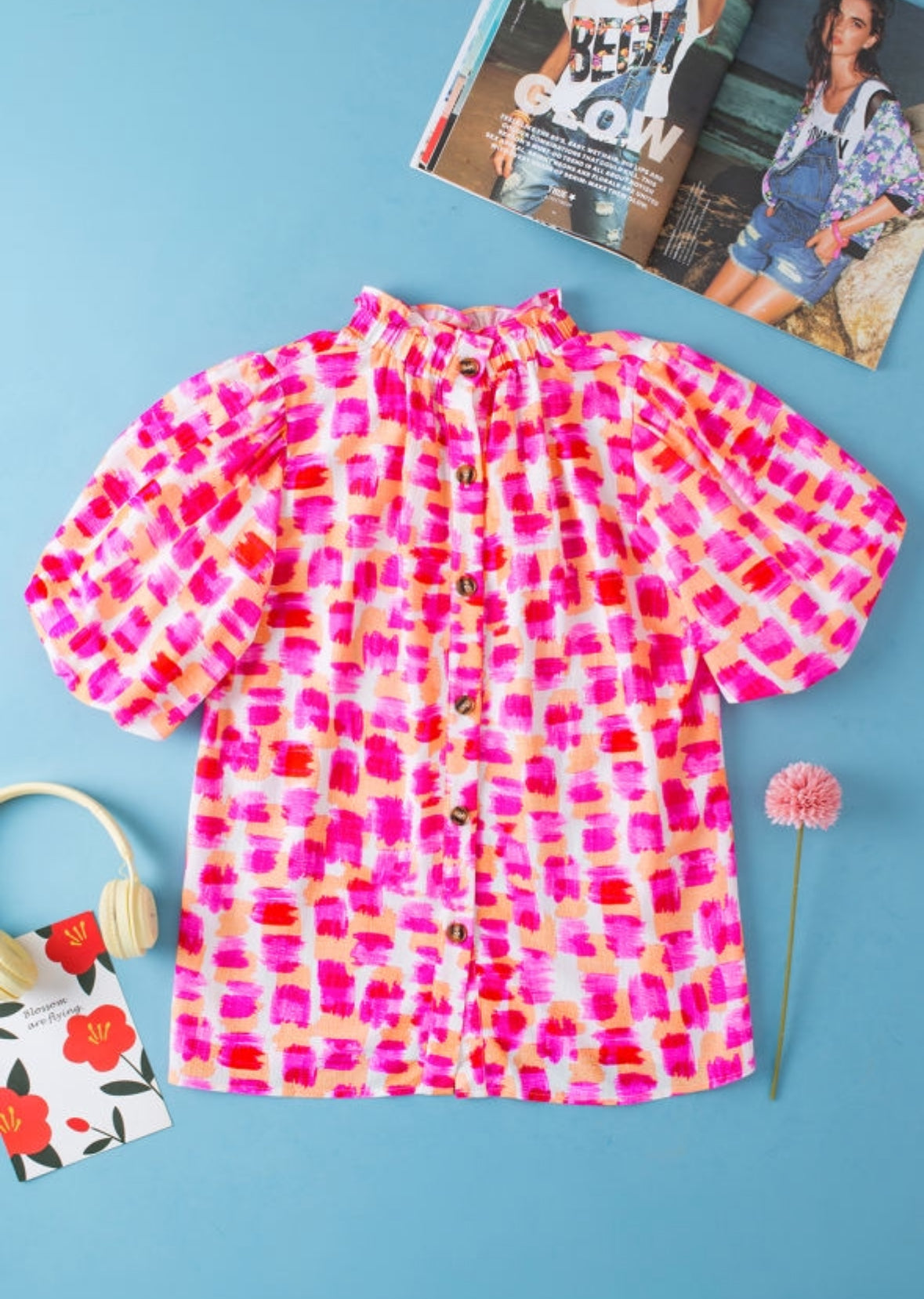 Pink + Orange High Neck Vivid Blouse