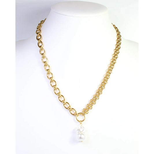 Coralie Asymmetric Link Pearl Necklace Wp Gold