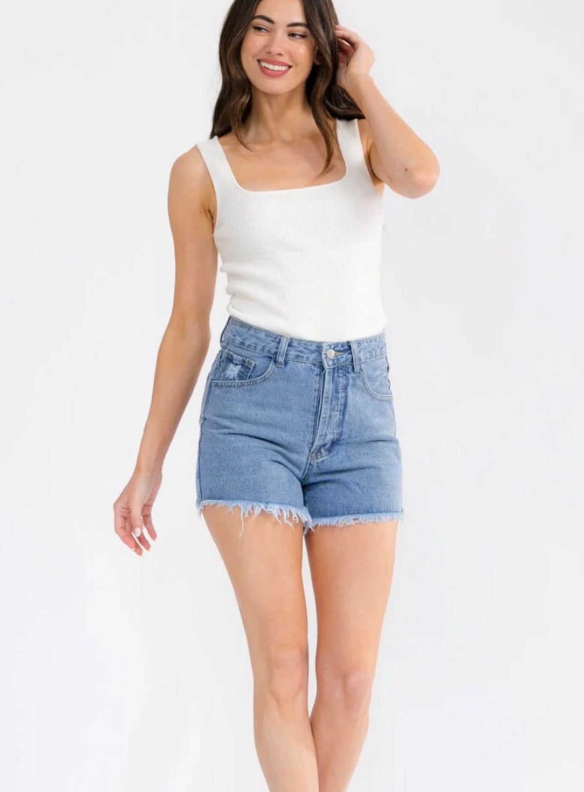 Full Button Raw Edge Denim Shorts