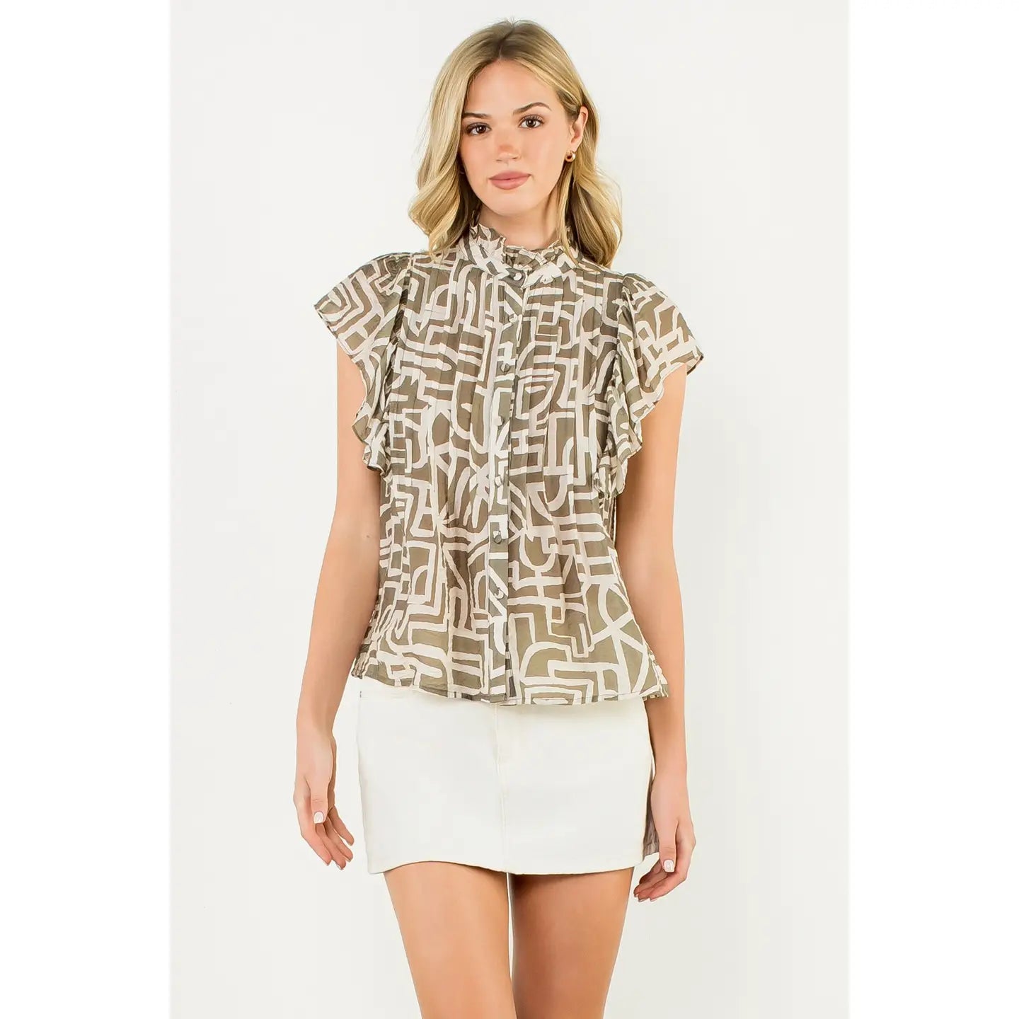Flutter Sleeve Print Button Up Top