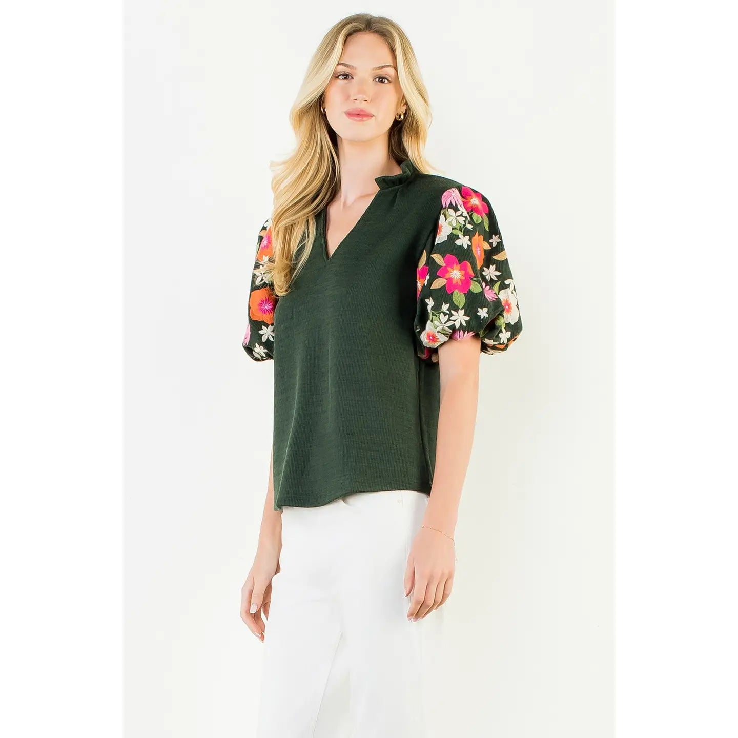 Green Floral Embroidered Puff Sleeve V-Neck Top