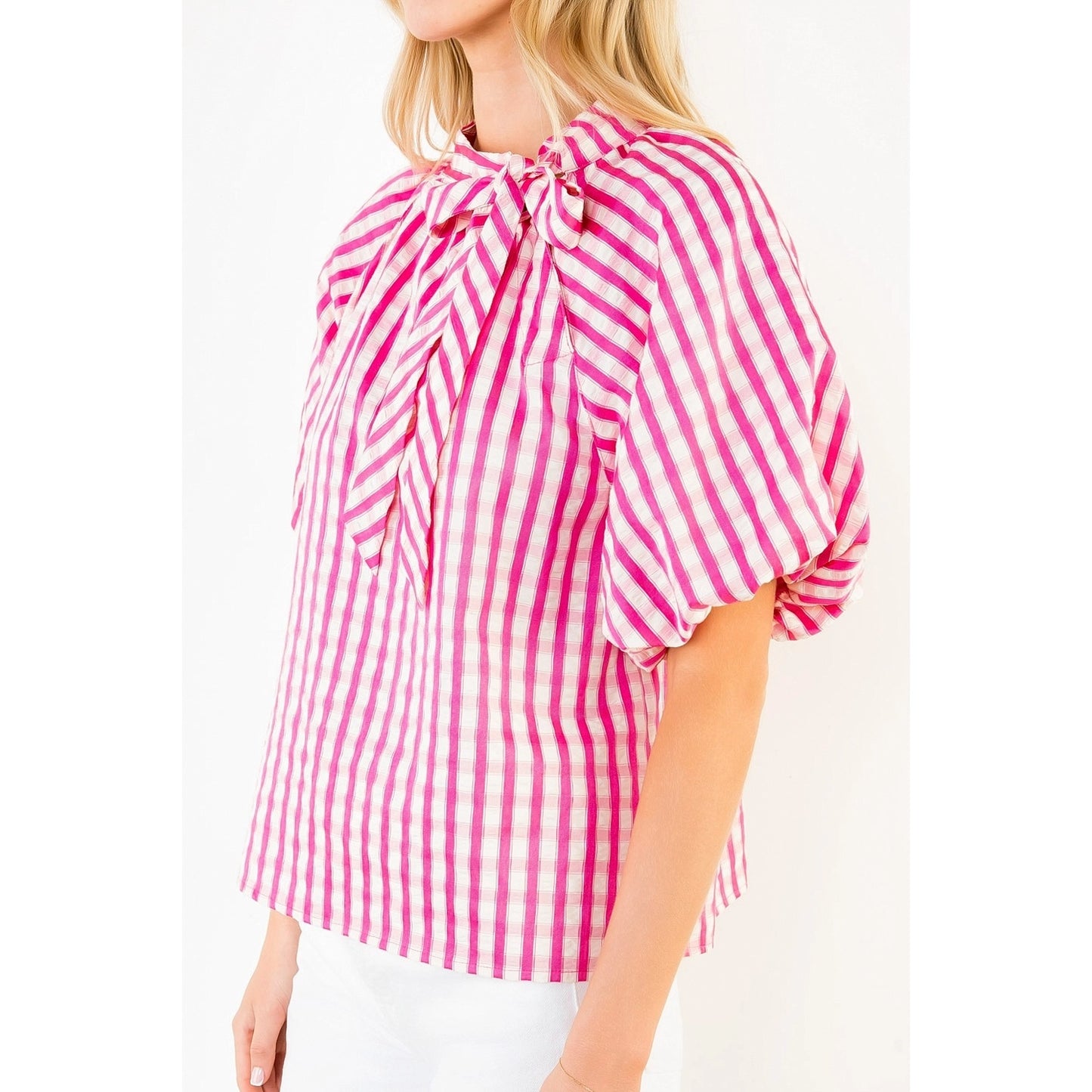 Pink Gingham Puff Sleeve Top