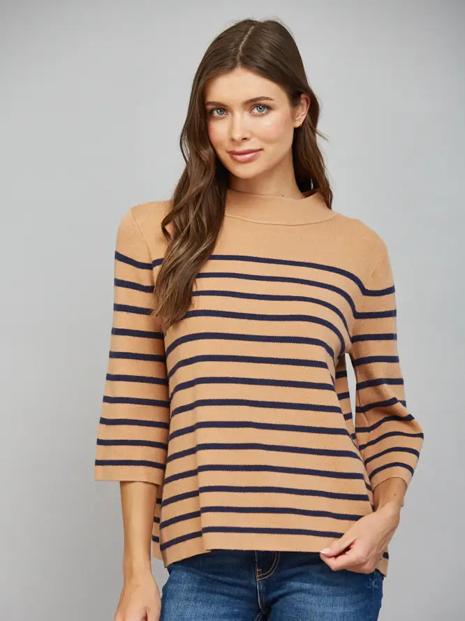 Camel/Navy Stripe Pattern Mock Neck Sweater