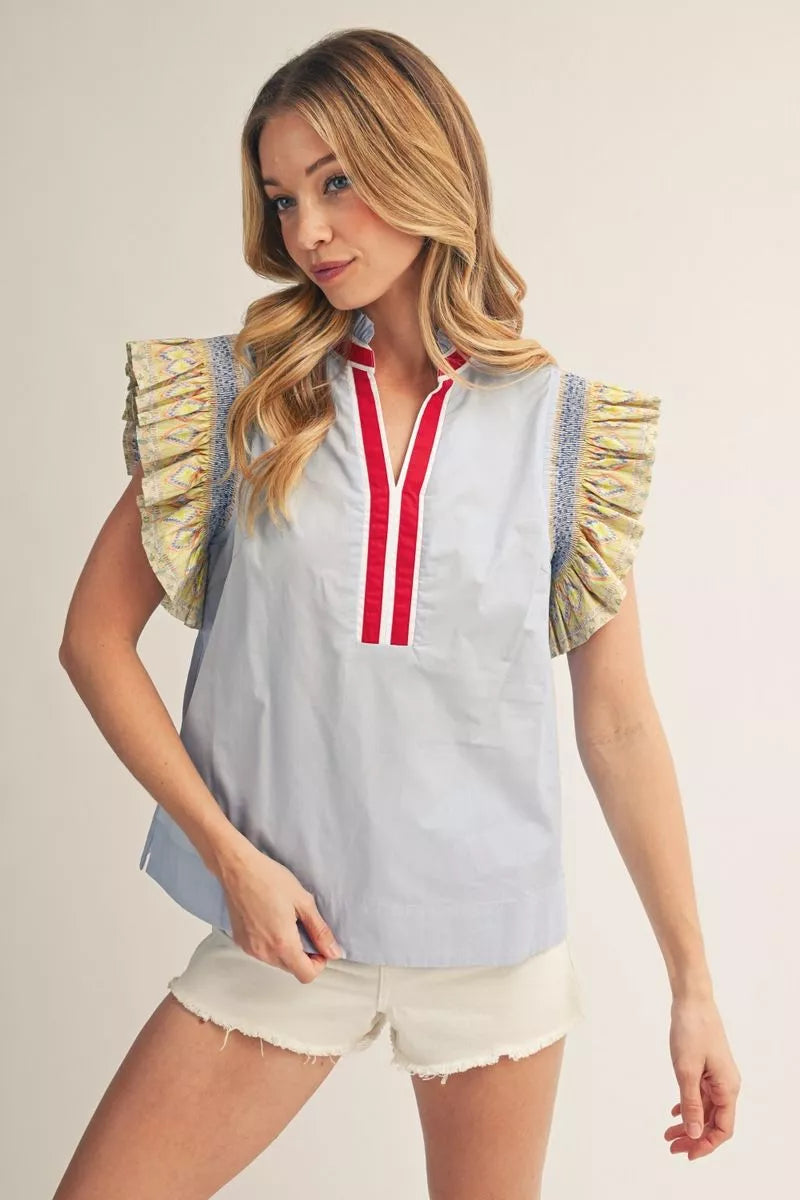 Blue Flutter Statement Sleeve Top