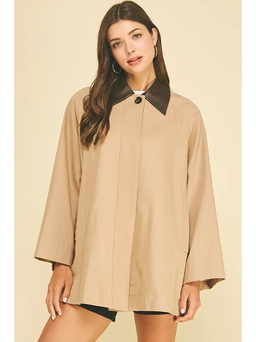 Taupe Contrasting Collar Trench Jacket