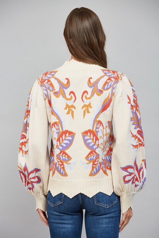 Beige Floral & Leaf Motif Waved Edge Detail Sweater