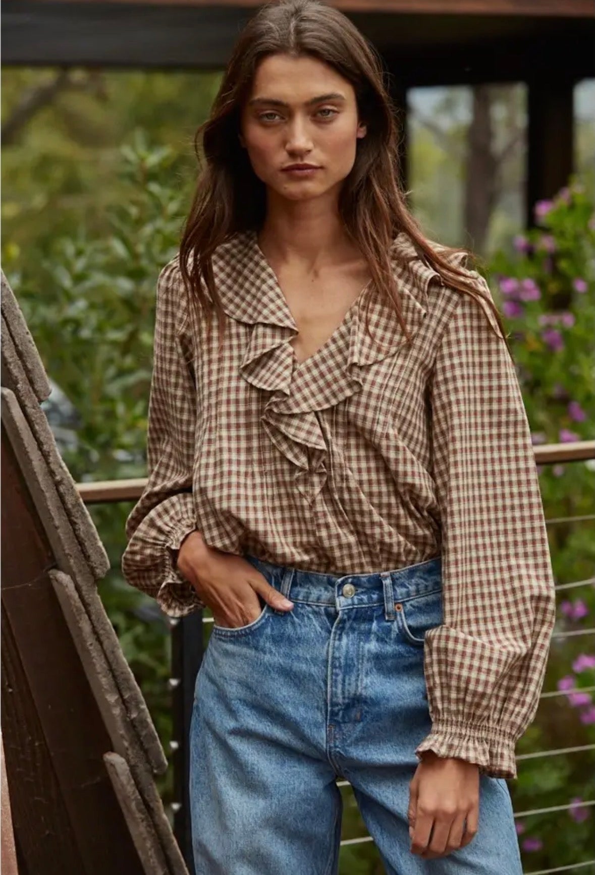 Woven Cotten Gingham Ruffled Blouse