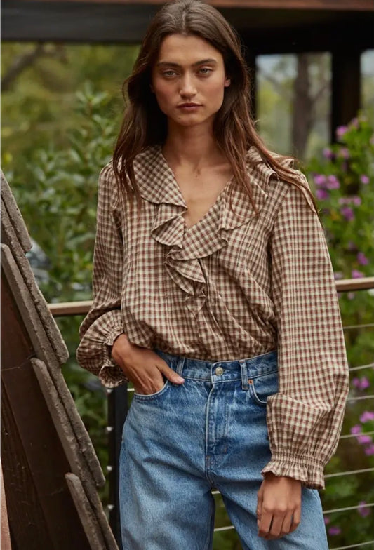 Woven Cotten Gingham Ruffled Blouse