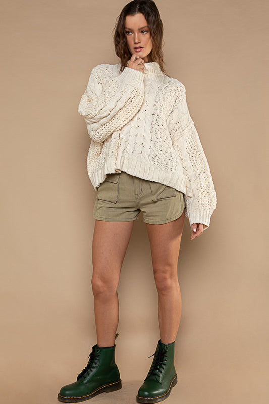Cream Cable Knit sweater with Balloon Sleeves