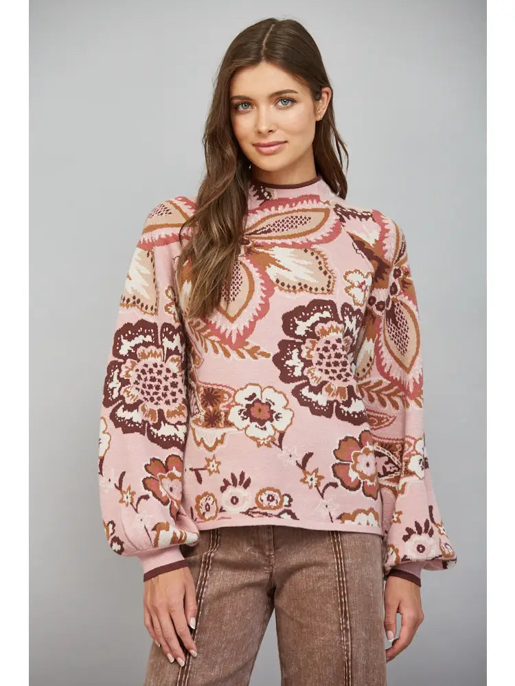 Bold Floral & Paisley Pattern Funnel Neckline Sweater