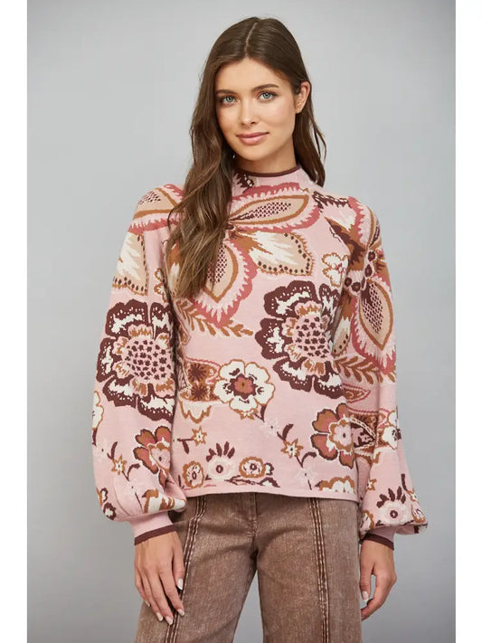 Bold Floral & Paisley Pattern Funnel Neckline Sweater