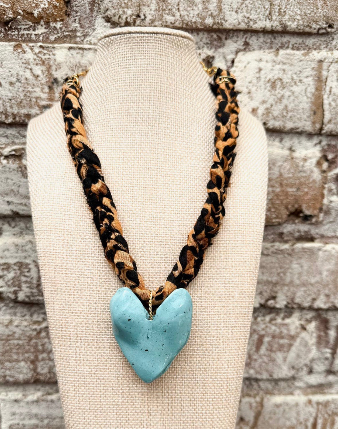 Chunky Turquoise Heart and Leopard Bandana Necklace