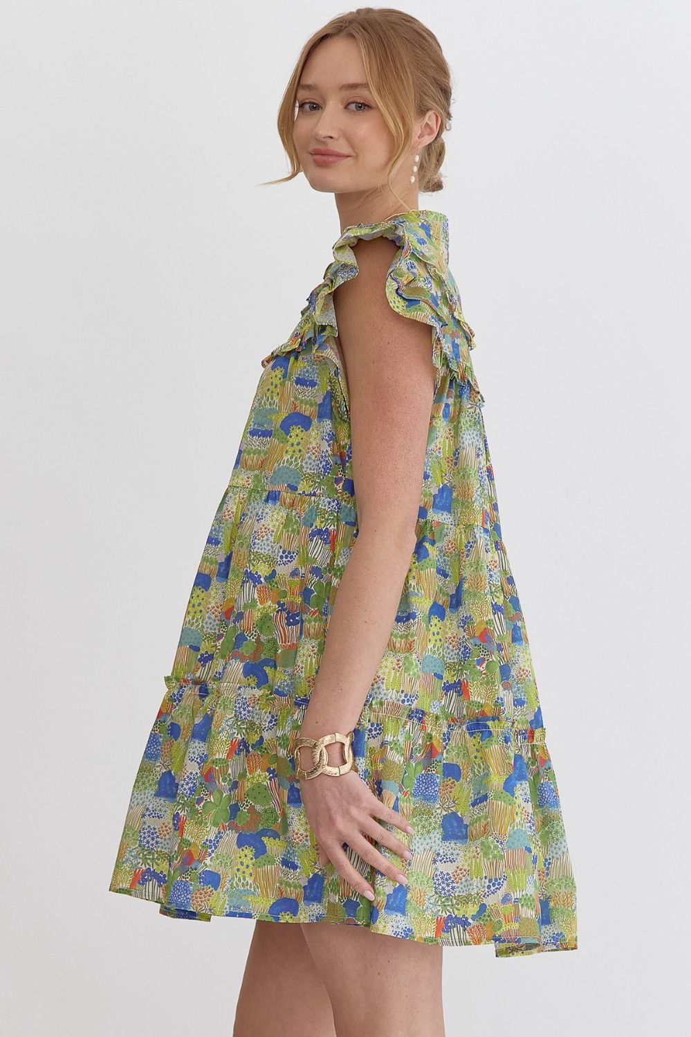 Green and Blue Pops Ruffle Sleeve Dress