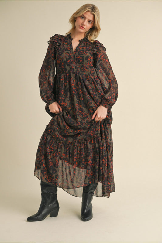 Olive Floral Chiffon Maxi Dress