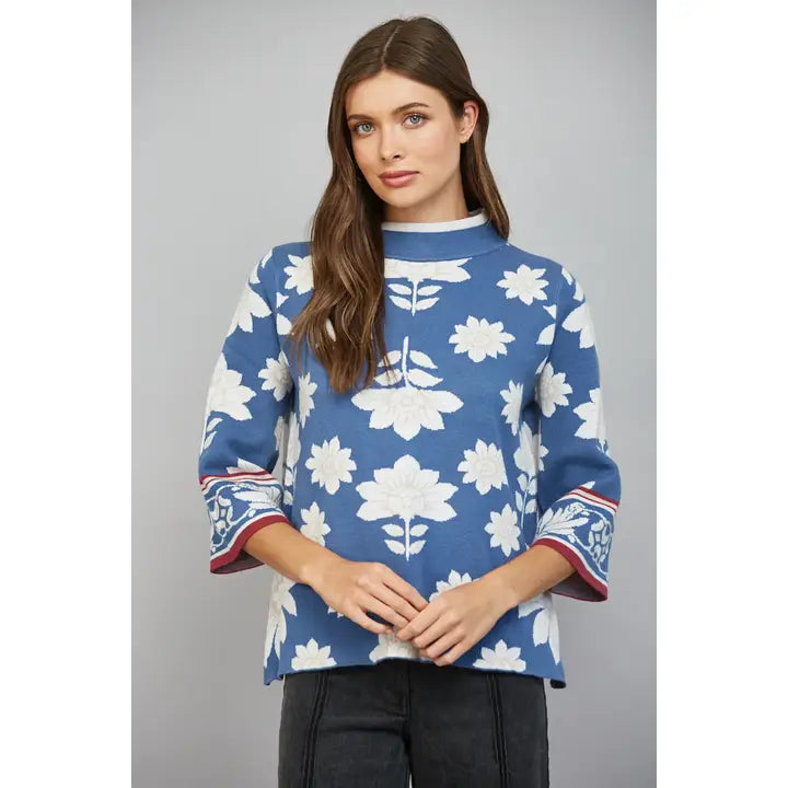 Steel Blue Floral Pattern Mock Neck Sweater