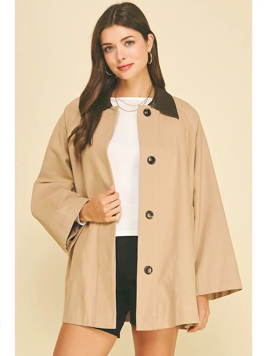 Taupe Contrasting Collar Trench Jacket