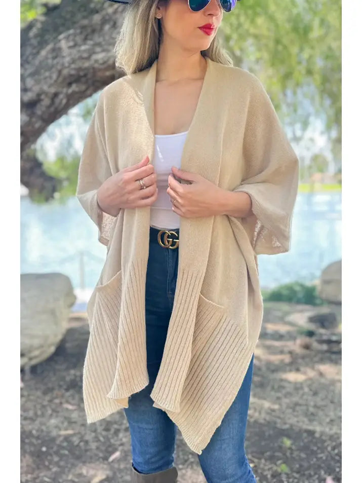 Beige Boho Open Front Knit Pocket Ruana Cardigan