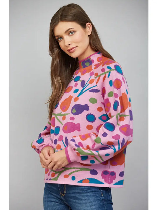 Bold Floral Pattern Funnel Neckline Sweater