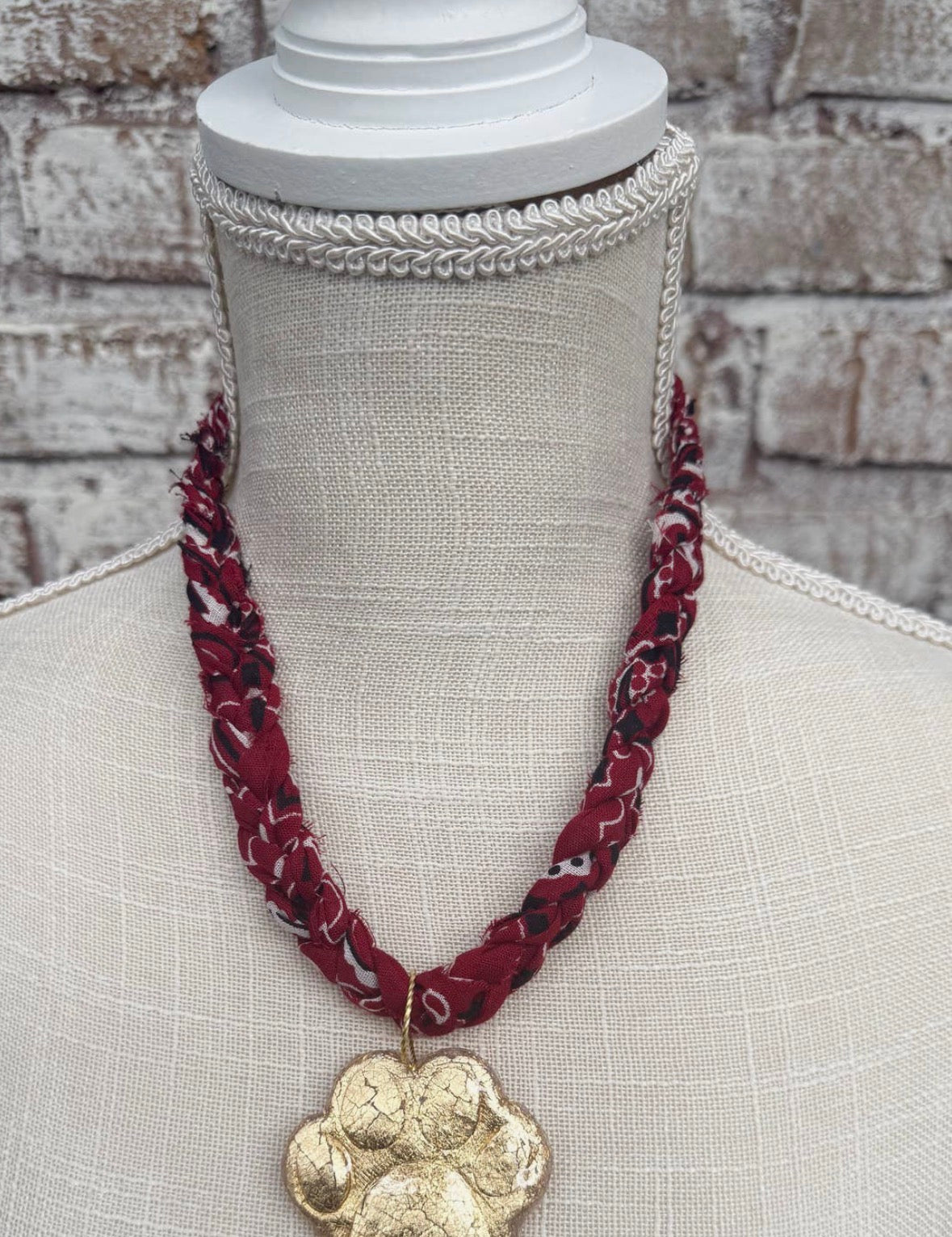 Chunky Gold Leaf Paw and Maroon Bandana Necklace