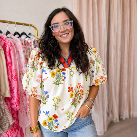 White Floral Puff Sleeve Blouse
