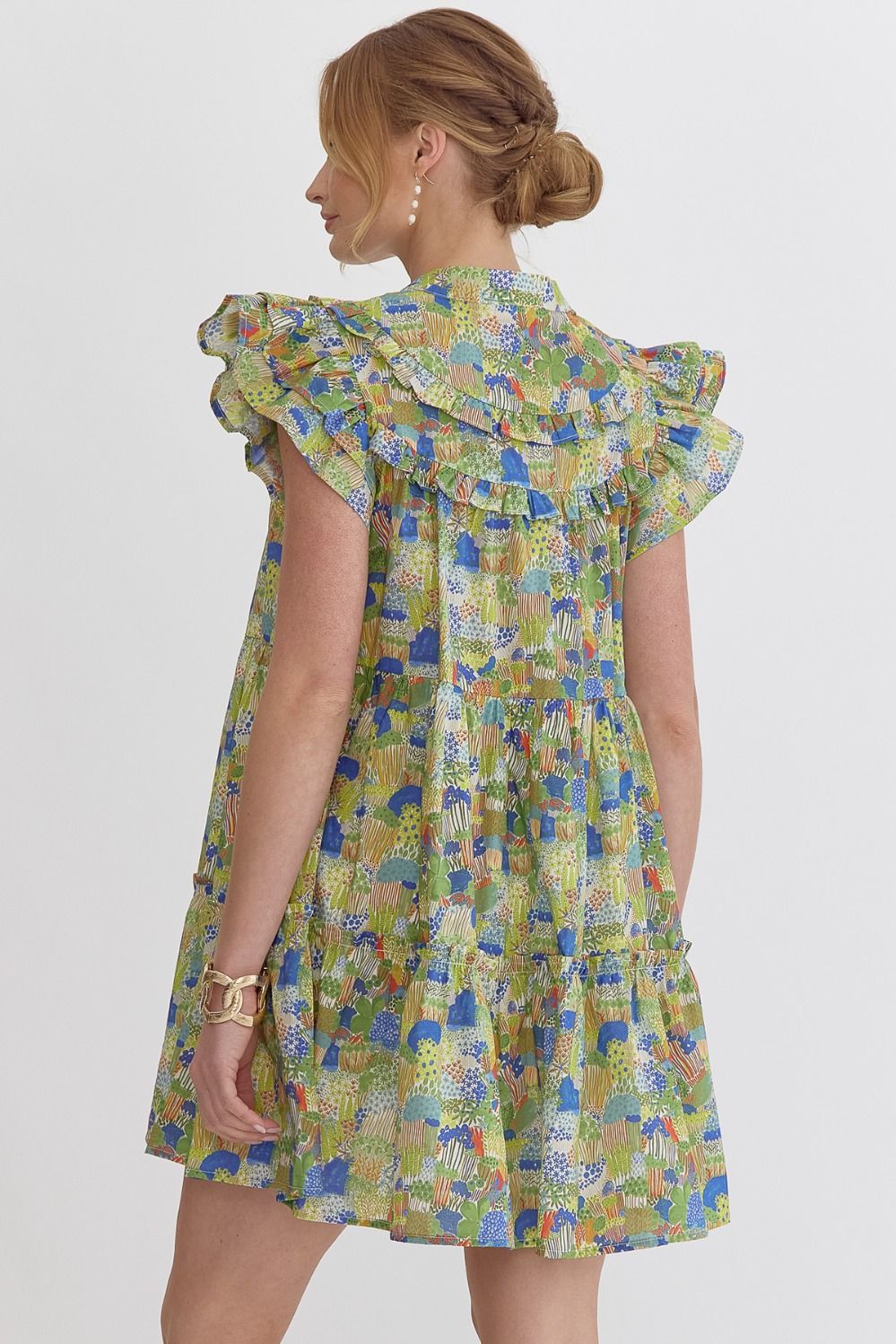Green and Blue Pops Ruffle Sleeve Dress