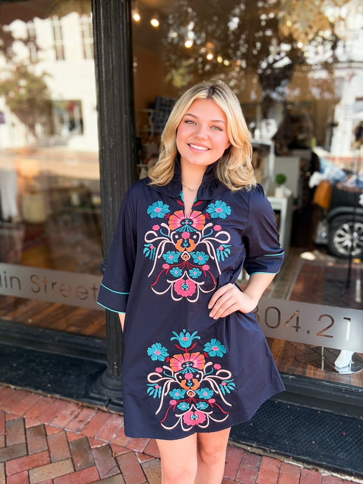 Navy Embroidered Detail Dress