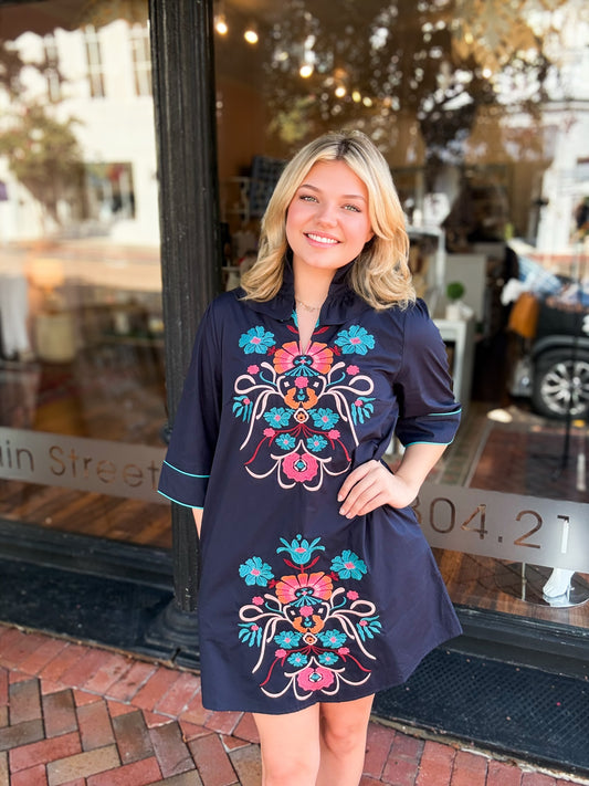 Navy Embroidered Detail Dress